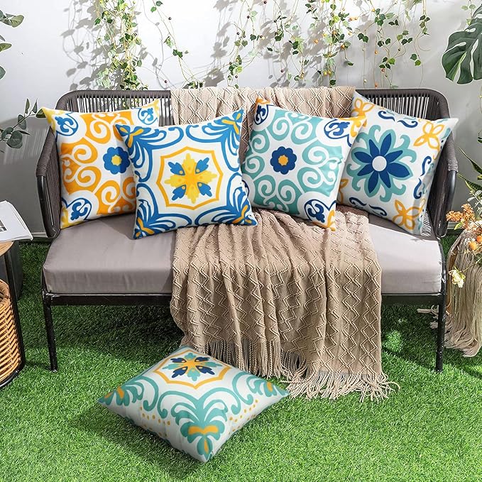 Pyonic Outdoor Waterproof Throw Pillow Covers Set of 4 Floral Printed and Boho Farmhouse Outdoor Pillow Covers for Patio Funiture Garden 18x18 Inch Blue