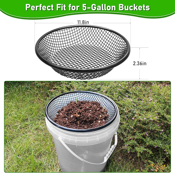 4Pcs 11.8" W Soil Sifter for Gardening, 2,4,6,8mm Grid Rock Sifter for 5 Gallon Bucket, Stainless Steel Fine Dirt Sifter, Compost Sifter for Capturing Dirt, Sand, Rocks, and Filtering Compost (Black)