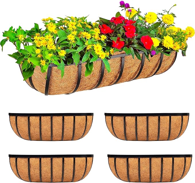 30 Inch Window Baskets with Coconut Liner Outdoor Wall Planter for Plants Long Window Flower Box for Porch Fence Patio Outdoor（4 Pack）