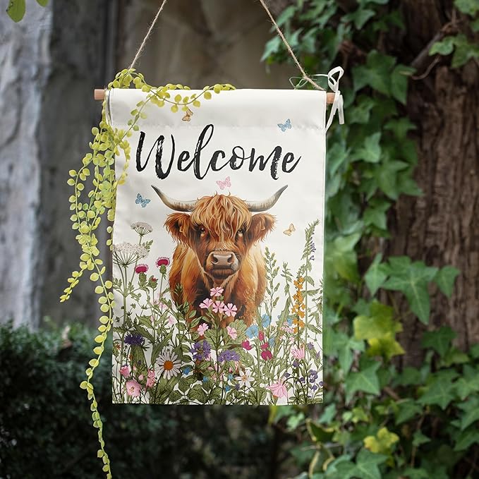 Floral Highland Cow Garden Flag Spring Summer House Flags 28x40 Double Sided Flower Funny Farmhouse Yard Flags for Outside Large Farm Outdoor Welcome Flags