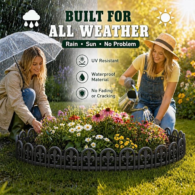 Evelyne Black Garden Border Plastic Edging – PP Plastic, Metal-Free Wrought Iron Look Design, 15pcs Black Yard Landscaping Fence Liner Lawn Edge Barrier, 20ft Kit of Decorative Lawn Landscape Panels