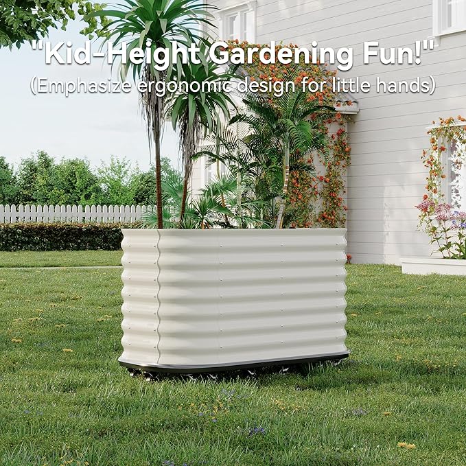 GarveeHome Self-Watering Wheeled Metal Garden Bed – Mobile Raised Planter Box with Water, Galvanized Steel Indoor/Outdoor Rolling Grow Station for Herbs, Veggies & Decor （59 in x23.6 in x27.5,White