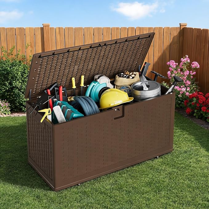 73 Gallon Outdoor Deck Box, Lockable Waterproof Outdoor Resin Box with Lid, Patio Storage Bin for Patio Furniture, Garden Tools, Pool Accessories - Brown
