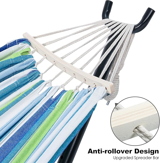 GAFETE Double Hammock with Stand for Outside, Upgraded Spreader Bar, Heavy Duty Space Saving Steel Stand 2 Person, Convenient Pockets, Easy Assembly, 600lbs Weight Capacity, Indoor & Outdoor (Lagoon)