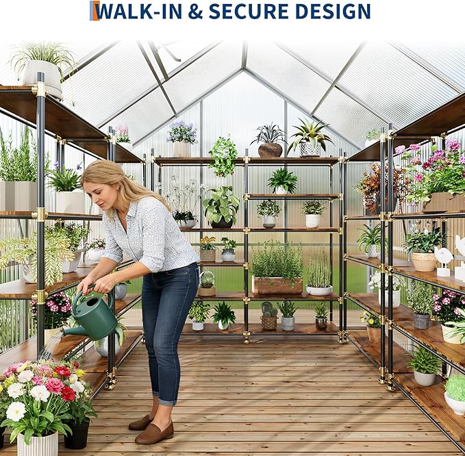 6x6FT Greenhouse for Outdoors, Walk-in Polycarbonate Greenhouse with Sliding Door, Adjustable Roof Vent & Gutter System, Portable Outdoor Green House Kit for Winter Gardening