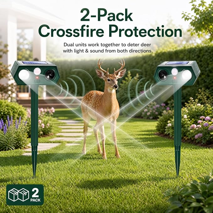 Sonic Fortress Pro Deer Repellent Devices, 2026 Racoon Repellent Outdoor Squirrel Fortress Pro Animal Repeller Cat Deterrent with Motion Sensor&Flash Light to Scare Rabbit Skunk Out of Garden Yard(2)