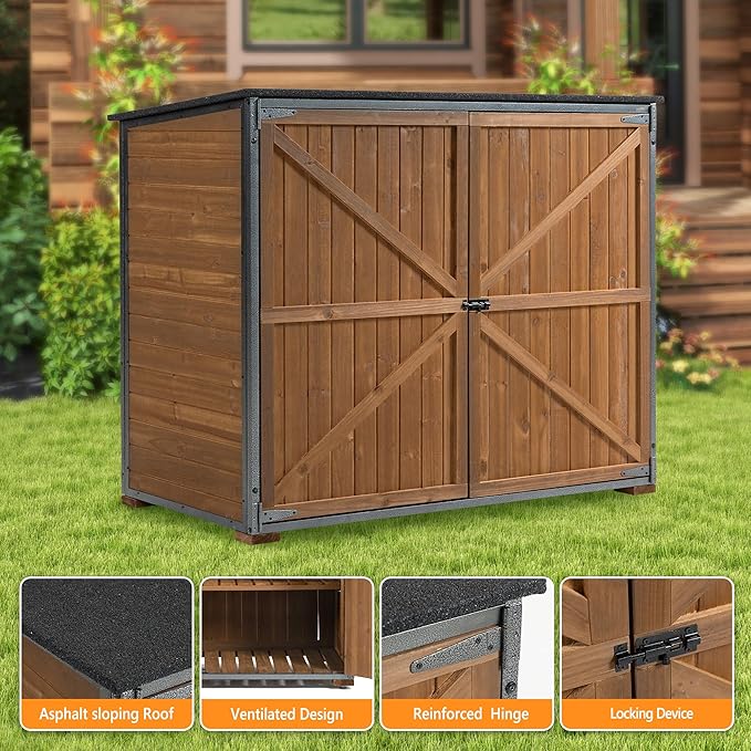 YOPTO Outdoor Wood Storage Cabinet,Garden Shed Tool with Metal Frame Structure and Waterproof Sloping Roof,Backyard Building w/ 3 Compartments & Latch,Furniture for Lawn,50.4"L X 26.8"W X 41"H,Brown