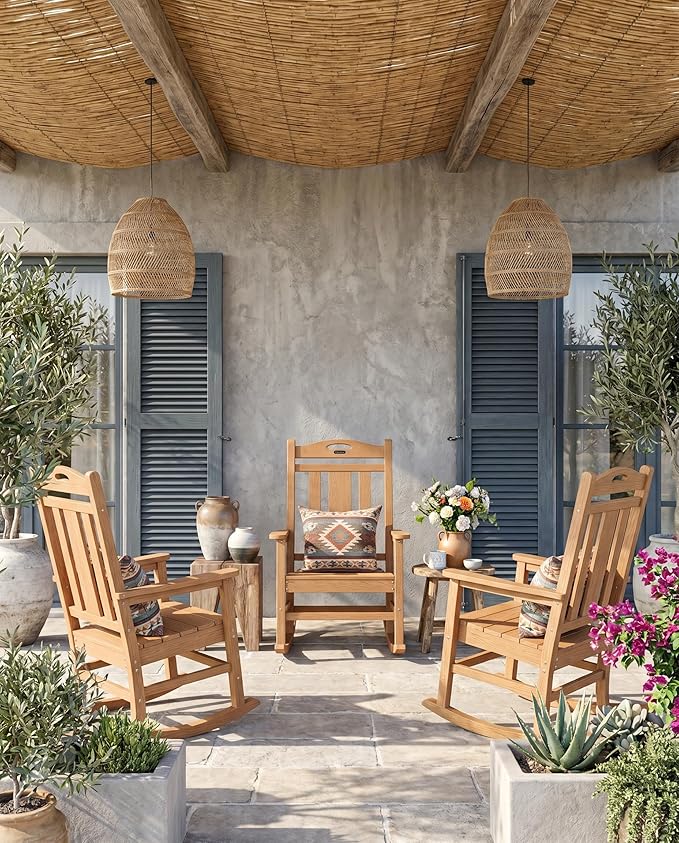 Ciokea Oversized Outdoor Rocking Chairs Set of 4, 380lbs Heavy-Duty Large Patio Rocker, High Back Cozy Porch Chairs, Weather Resistant Patio Rocking Chairs for Outside, Fire Pit, Deck, Teak