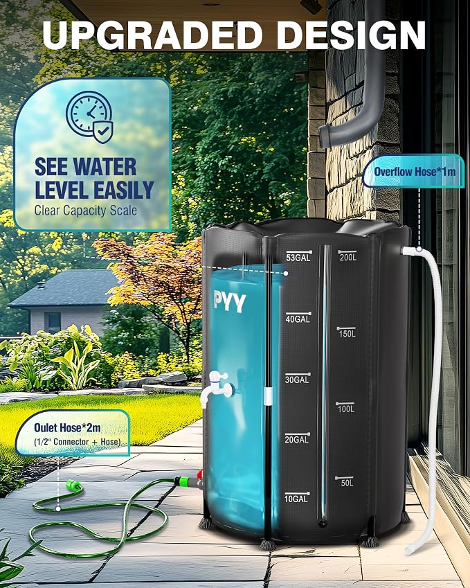PYY Rain Water Collection Barrel - 53 Gallon Black Large Water Storage Tank with Spigot, Hose and Portable Bucket, Plastic Collapsible Rain Catcher Catchment System to Collect Rainwater from Gutter