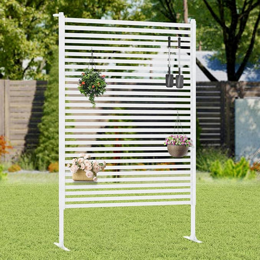 Outdoor Privacy Screen with Stand, Rustproof Metal Fence Panel, 47.24’’ x 71’’ PE-Coated Steel Slats, Decorative Privacy Fence for Patio, Garden, Backyard, Trash Can, White(1 Panel)