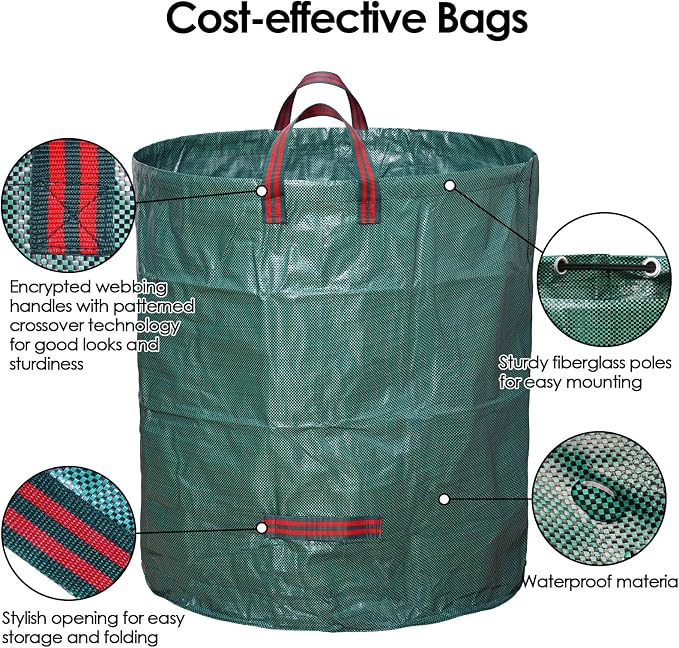 5-Pack 72 Gallon Yard Waste Bags,Reusable Collapsible Garden Leaf Bags with Plastic Ring,Standable,with Gardening Gloves,for Camping & Recycling Leaves,Lawn Debris & Grass Clippings