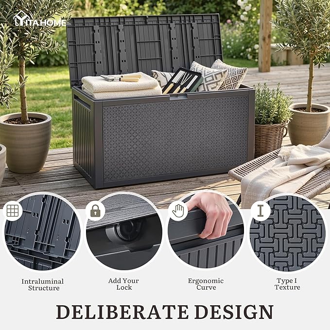 YITAHOME 90 Gallon Outdoor Storage Deck Box, Waterproof Resin Deck Box w/Handles, Lockable Outdside Deck Box for Patio Furniture, Garden Tools, Lockable & UV Resistant(Dark Gray)
