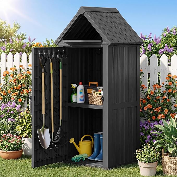 Vertical Outdoor Storage Shed, Waterproof Resin Outdoor Storage Cabinet with Removable Shelves & 12 Hooks, Lockable Small Tool Shed for Garden, Backyard, Patio, Pool, Classic Black