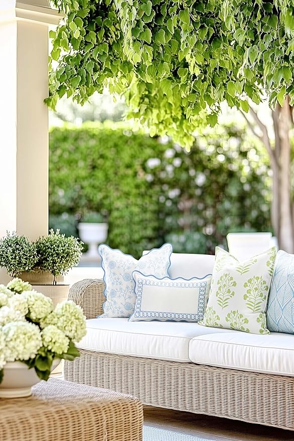 Hofdeco Premium Coastal Patio Indoor Outdoor Scalloped Throw Pillow Cover Only, 20"x20" Water Repellent for Backyard, Couch, Baby Blue Print Dahlia Floral (Pack of 2)