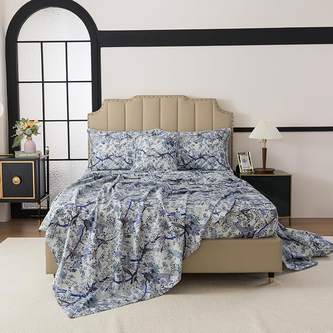FADFAY Sheets Set Twin Botanical Bird Floral Bed Sheets Set Vintage Blue Farmhouse Bedding Shabby Branches Bedding Collections 100% Egyptian Cotton Breathable Soft 17.7" Deep Pocket 4Pcs, Twin Size