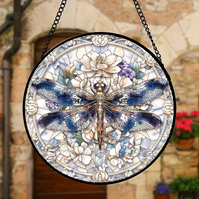 DASTOLL Stained Glass Window Hanging, Dragonfly Flower Suncatcher for Doors Home Sun Catchers Decoration and Christmas, Mother's Day Birthday Gifts for Women, Men, and Mom 7.8 in