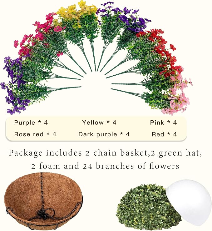 Senjie 2 Set Artificial Hanging Flowers with Basket for Outdoor Decor, UV Resistant 24 Bundles Faux Flowers Fake Hanging Planter for Porch Patio Balcony