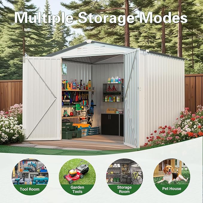 8x6FT Metal Storage Shed Outdoor Garden Tool Shed, Galvanized Steel Weather Resistant Backyard Organizer with Lockable Door, Waterproof Utility Storage House for Patio Courtyard Equipment Storage