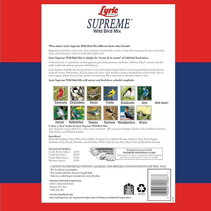 Lyric Supreme Wild Bird Seed - Wild Bird Food Mix with Nuts & Sunflower Seeds for Outside Feeders - Attracts Many Beautiful Songbirds - 4.5 lb bag