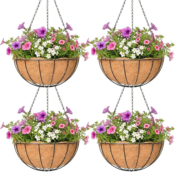 4 Pack Hanging Planter for Outdoor Plants 12 inch Metal Hanging Flower Basket with Coco Coir Liner Round Wire Plant Holder Chain Flower Pots Outdoor Garden Decoration Watering Hanging Baskets(XG)