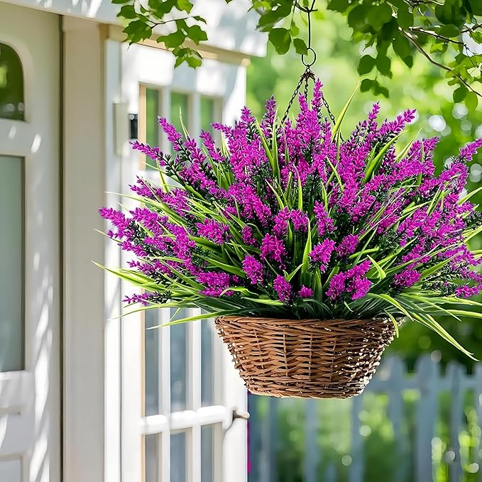 Geegoods Artificial Lavender Flowers for Outdoor - 24 Bundles UV Resistant Faux Fuchsia Plants with Monkey Grass, Realistic Plastic Flowers for Garden Porch Window Box Patio Hanging Planter Decor