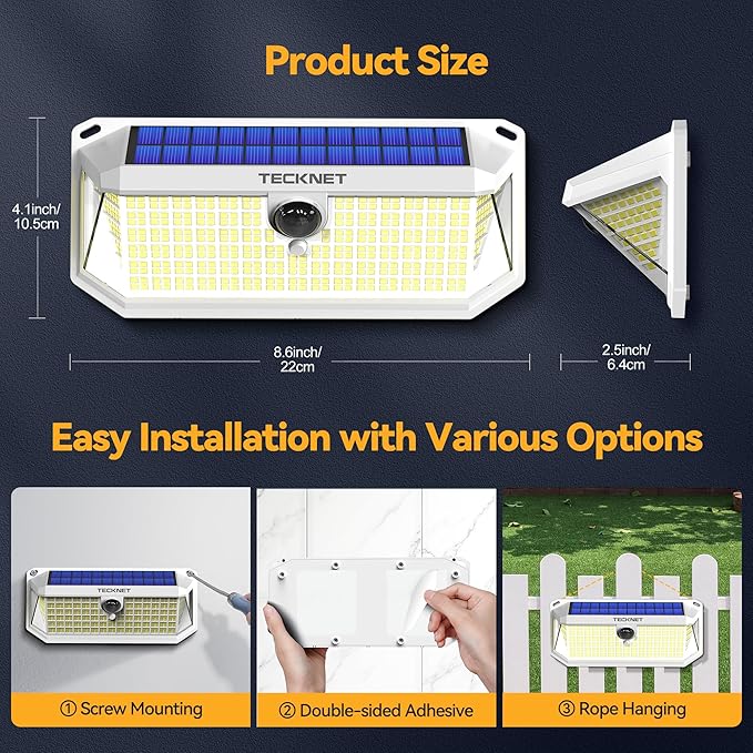 TECKNET 416 LED Solar Powered Outdoor Lights, 270° Angle & 3 Lighting Modes Motion Sensor Light Outdoor, Security Solar Lights Waterproof - 4 Pack, White, Cold Light