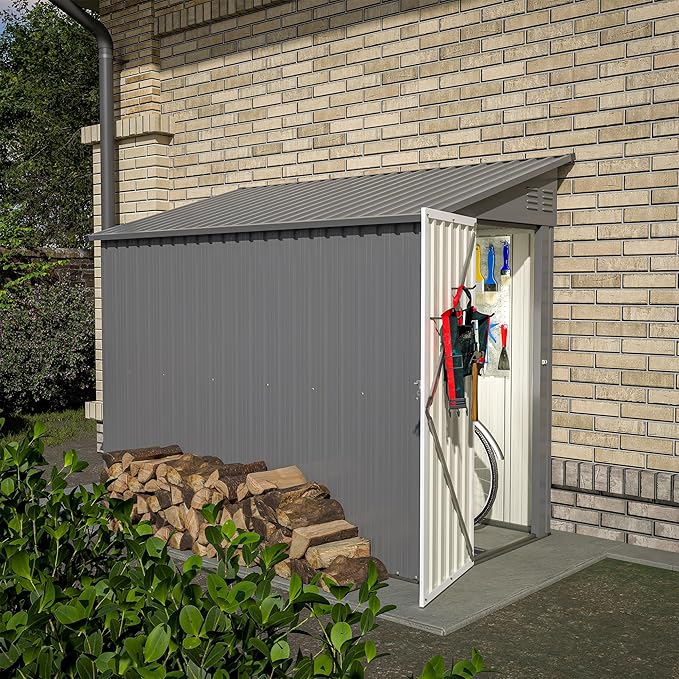 YOPTO 4×8 FT Lean to Metal Shed,Outdoor Heavy-Duty Storage Shed with Floor Base,All Weather Waterproof Garden Tool House W/Lockable Door&2 Air Vents,Reversible Door Design,for Backyard,Patio,Lawn,Gray
