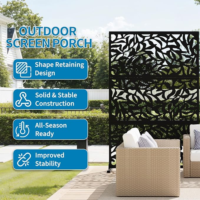 Garvee 72" H x 47" W Outdoor Metal Privacy Screen, Freestanding Laser Cut Decorative Fence Panel with Stand, Weatherproof Galvanized Steel Privacy Screens, for Patio Garden Balcony Backyard, Black
