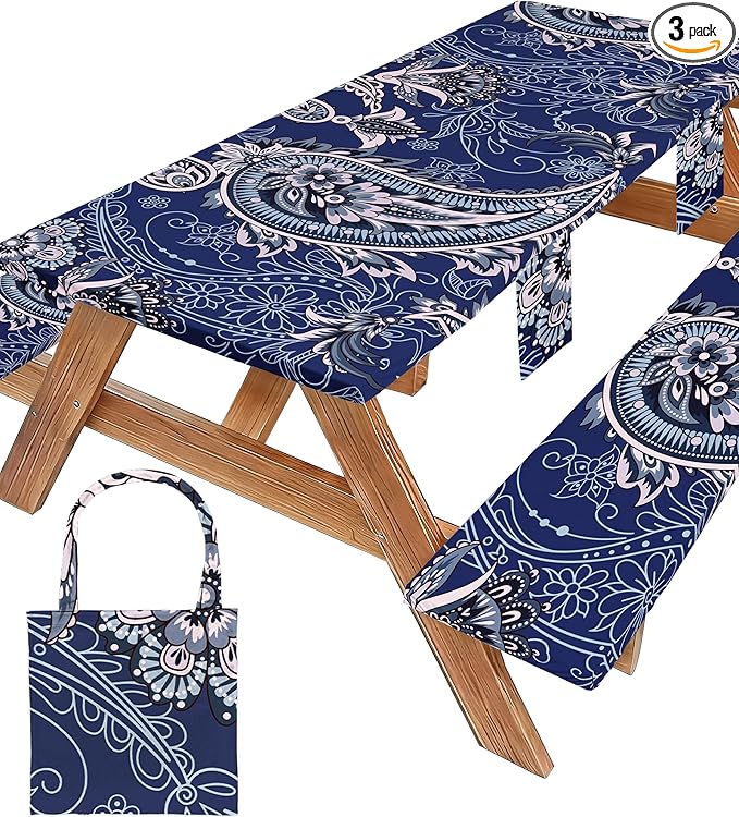 Picnic Table Cover with Bench Covers Waterproof Elastic Rectangle Reusable Folding Tablecloth Manteles Mantelería Camping Essentials Rv Car Travel Supplies Table Cloth Outdoor Road Trip Camper Gifts