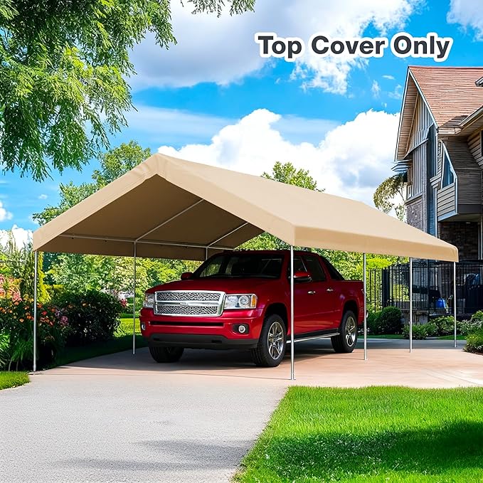 12x20 FT Carport Replacement Canopy Top Upgraded Car Port Canopy Cover for Carport Party Tent Waterproof & UV Protected, Easy Installation with Ball Bungees,Beige(Frame Not Included)