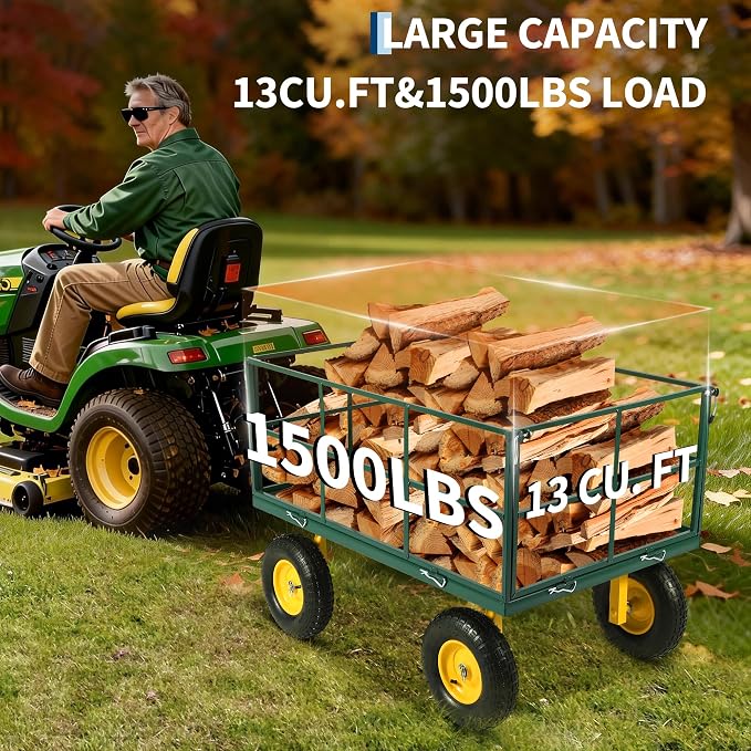 Heavy Duty 1500 Lbs Steel Garden Cart – 3-in-1 Utility Wagon & Trailer with Removable Mesh Sides, 13" All-Terrain Tires, 180° Rotating Handle for Lawn, Yard, Gardening Tasks, Outdoor Hauling