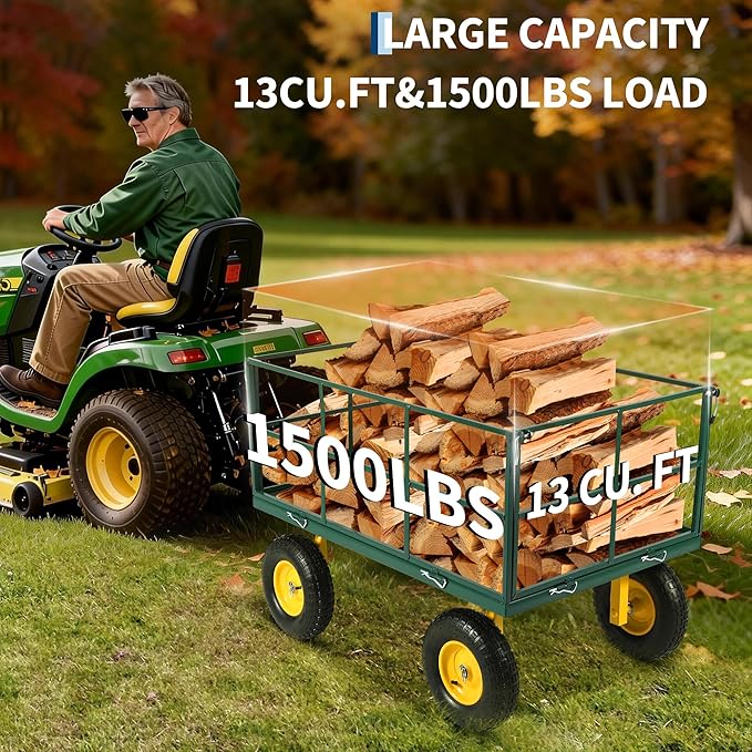 Heavy Duty 1500 Lbs Capacity Mesh Steel Garden Cart Folding Utility Wagon with Removable Sides, Garden Cart on Wheels for Gardening Soil, Tools, and Plant Transport