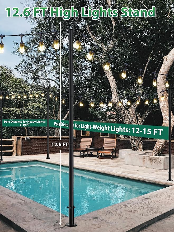 String Light Poles, 12.6 FT Light Poles for Outside Patio, Outdoor Deck Lighting Poles with Brackets for Fence and Base for Wood Concrete Mount, Heavy Duty Metal Stand Hanging Garden Party Decoration
