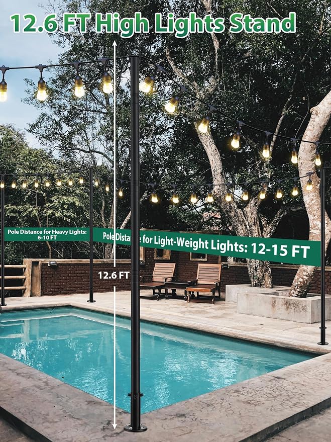 2-Pack Adjustable String Light Poles, 12.6 FT Light Poles for Outside Patio Heavy Duty, Outdoor Deck Lighting Poles with Brackets Bases for Fence Concrete Mount, Metal Stand Hanging Garden Party Decor