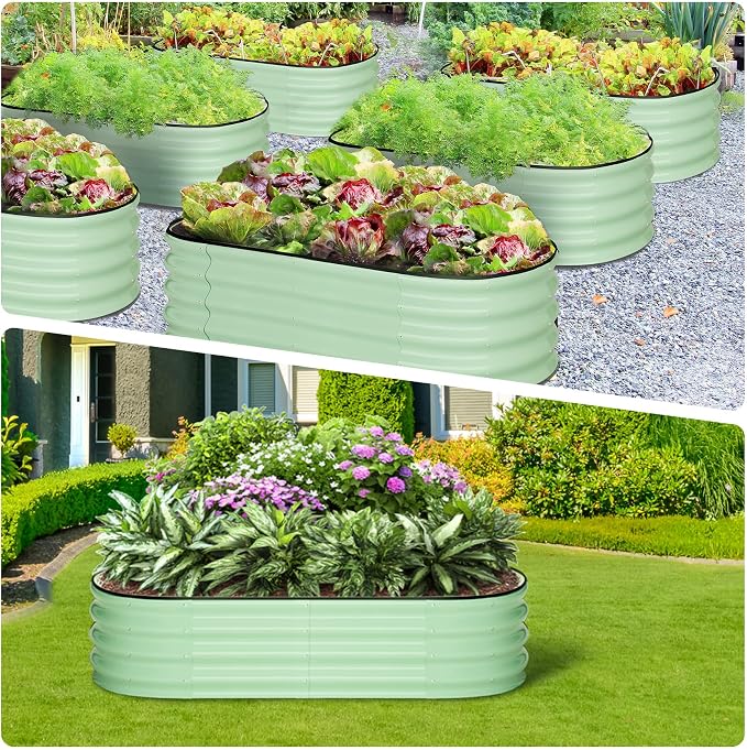 GarveeLife 2 Pcs 4.5x2x1.5ft Oval Raised Garden Bed,Galvanized Raised Beds,Open-Ended Base Metal Raised Planter Beds,Garden Bed Outdoor,Planter Raised Boxes for Vegetables,Flowers,Tool-Free Asse,Green
