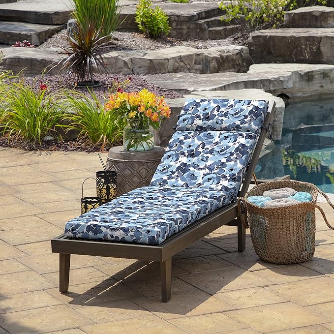 Arden Outdoor Chaise Cushion, 21 in x 72 in, Weather-Proof, Rain-Proof, Fade Resistant Patio Cushion for Chaise Lounger Blue Garden Floral