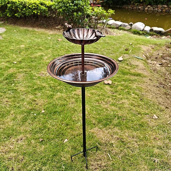 JOYBEE 38In Metal Double Bird Bathtub Stake for Outside, Vintage Freestanding Birdbaths, Bird Baths Feeder Bowl for Outdoors Garden Patio Yard Lawn Decor, Upgraded 5-Pronged Base (Brown