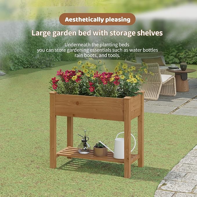 Raised Garden Bed with Legs Elevated Wooden Planter Box Stand Large Planter Stand Box for Fruits Vegetables Flowers with Divider with Bag - 34x18x30.5IN（Brown）
