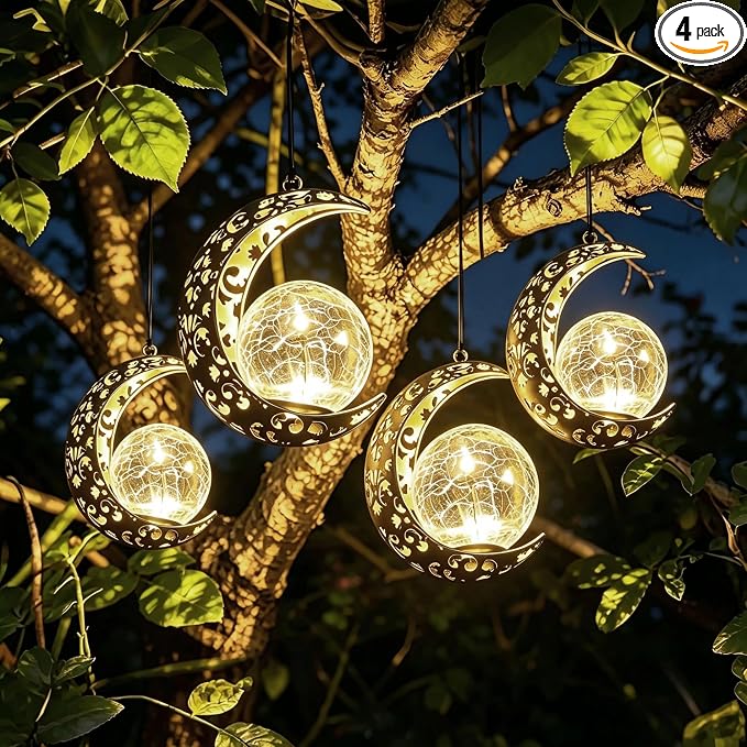 Solar Lanterns Outdoor Waterproof Decor, 4 Pack Hanging Moon Garden Lights Metal Crescent & Crackle Glass Globe, Outside LED Light for Garden, Yard, Patio, Tree, Housewarming Gifts for Women Mom