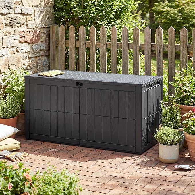 UDPATIO 100 Gallon Deck Box Outdoor Storage Box Lockable Waterproof Resin Indoor Outdoor Storage Container for Patio Cushions, Tools, Package Delivery Boxes for outside