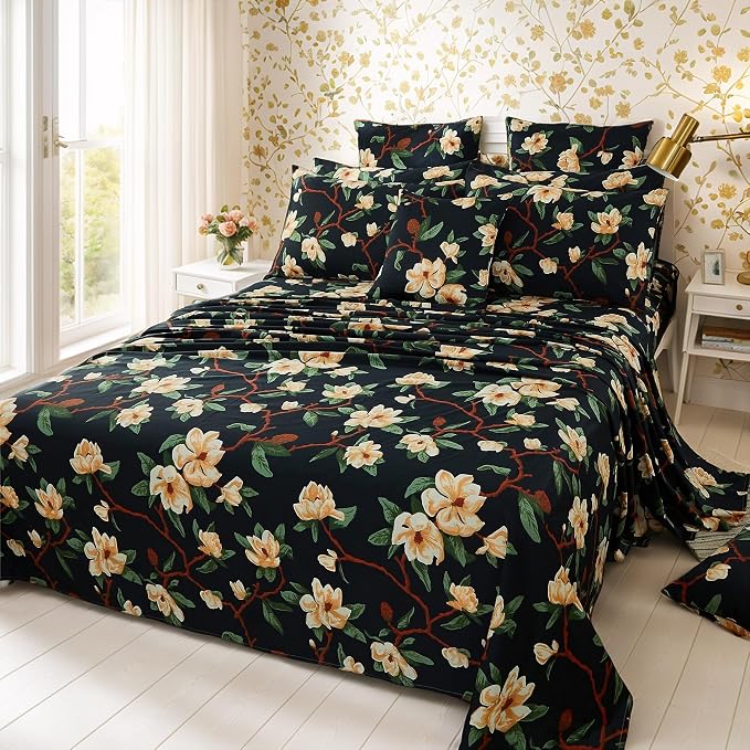 FADFAY Sheets Set Twin Shabby Black and Yellow Floral Bedding Elegant Peony Sheets Set Vintage Farmhouse Bedding Soft 100% Egyptian Cotton 800 Thread Count Deep Pocket Fitted Sheet, 4Pcs-Twin Size