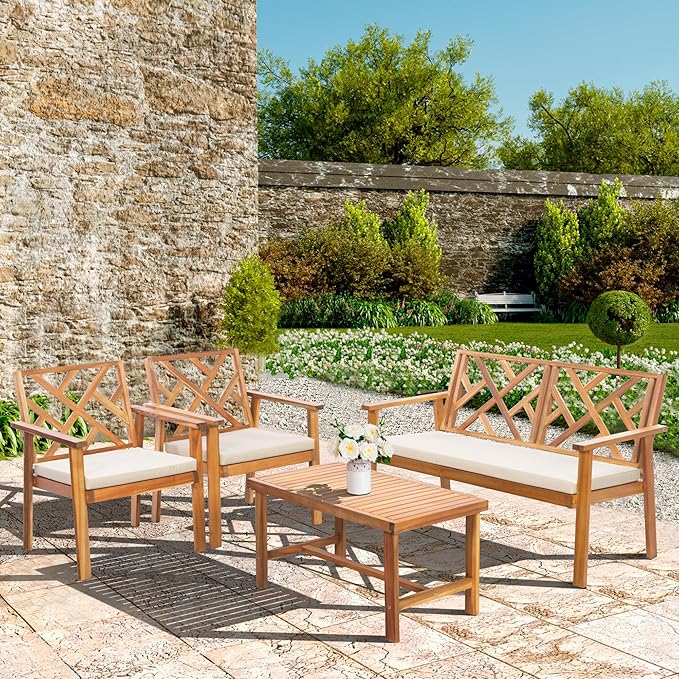 Werph Outdoor Patio Furniture Set, 4 Piece Patio Sofa Bench and 2 Single Sofa Chairs with Table & Padded Cushions, Acacia Wood Outdoor Patio Lounge Conversation Set for Deck Backyard Balcony