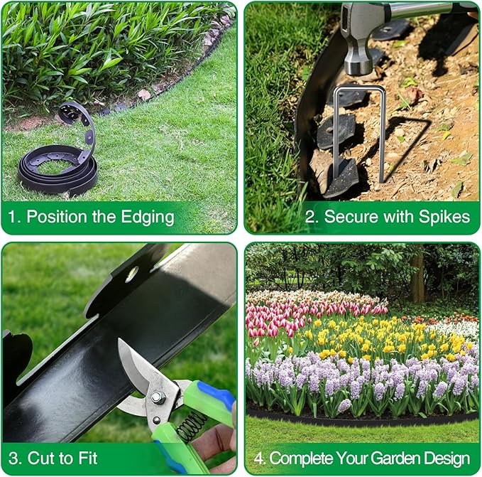 Bonviee 1.5 Inch x 66FT Garden Border Edging Kit with 100 Anchoring Spikes, Flexible Garden Edging for Landscaping, Flower Beds, Lawn, Yard, and Paver Pathways