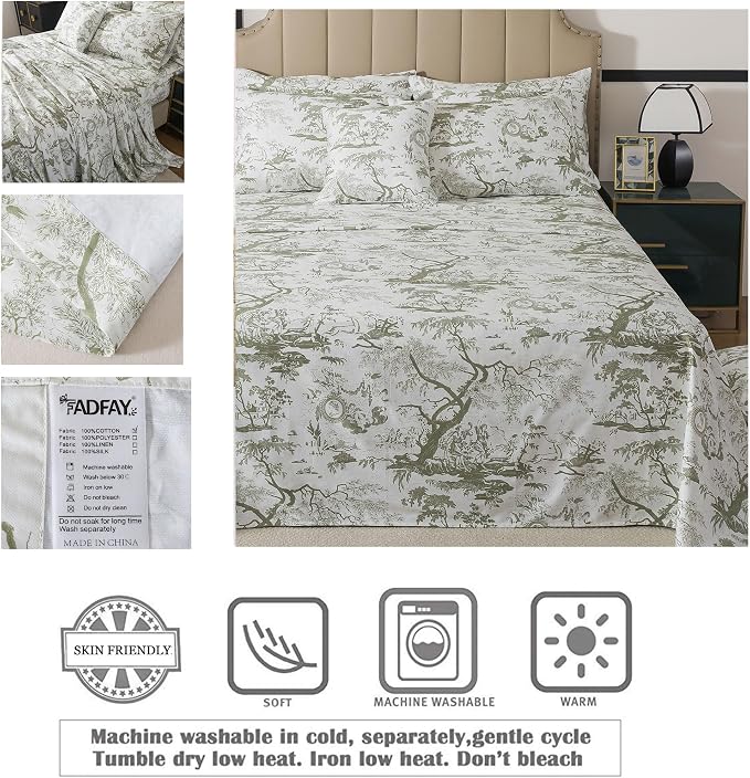 FADFAY Toile Sheets Set Queen Sage Green Toile de Jouy Bedding Pastoral Print French Country Bedding 100% Egyptian Cotton Farmhouse Sheets Breathable Soft 4Pcs Deep Pocket Sheet Set for All Seasons