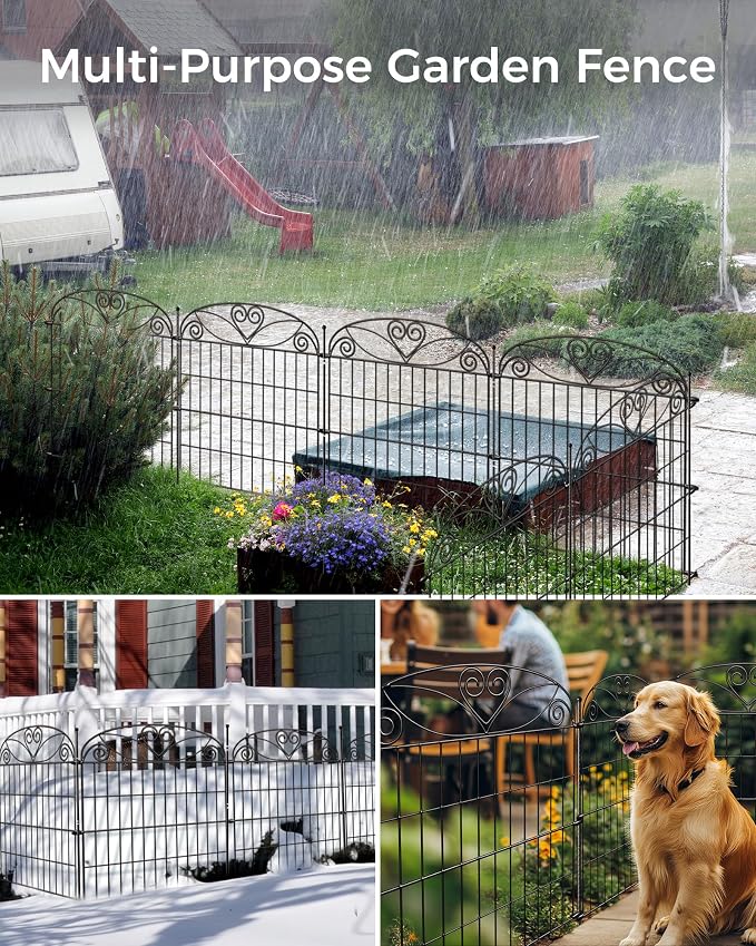10 Panels No Dig Decorative Outdoor Garden Fence with Gate, 32 in(H) X 23.6 ft(L) Animal Barrier Fencing, Rustproof Portable Fence, Temporary Dog Fence Outdoor for Yard, Outside, Backyard