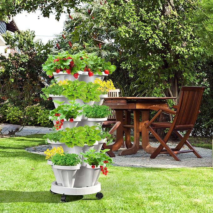 Strawberry Vertical Planters, 7 Tiered Stacking Tower Garden with Support Pole, Stackable Herb Vegetable Planters Indoor and Outdoor - White