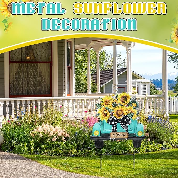 Weysat Sunflowers Yard Sign 13.7 Inch Sunflowers Metal Decoration Outdoor Summer Decoration for Home Outdoor Summer Truck Yard Decor with Stakes Waterproof for Garden Patio Lawn Party Walkway Decor