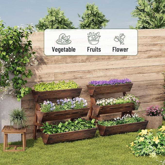 Vertical Wooden Raised Garden Bed, Garden Planters Freestanding Wood Plant Stand Flower Rack Wooden Planter Box for Plants Herbs Flowers Vegetables Outdoor Indoor Gardening (3-Tier Large Carbonized)