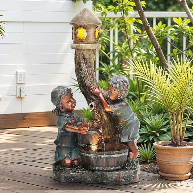 AUTODAYA 31" Boy & Girl Outdoor Water Fountain with LED Lights, Pagoda and Wood Barrel Garden Fountain, 3-Tier Cascading Waterfall for Tranquil Backyard, Patio or Porch, Faux Bronze Finish