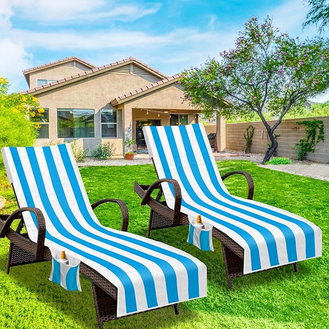 Lounge Chair Towel Cover, Beach Chair Cover (Pack of 2), Pool Lounge Chair Covers for Outdoor,Garden, Beach,Sun Lounger,Hotel Pool, 85" X 30"Large Size and No Sliding, Light Blue Stripe